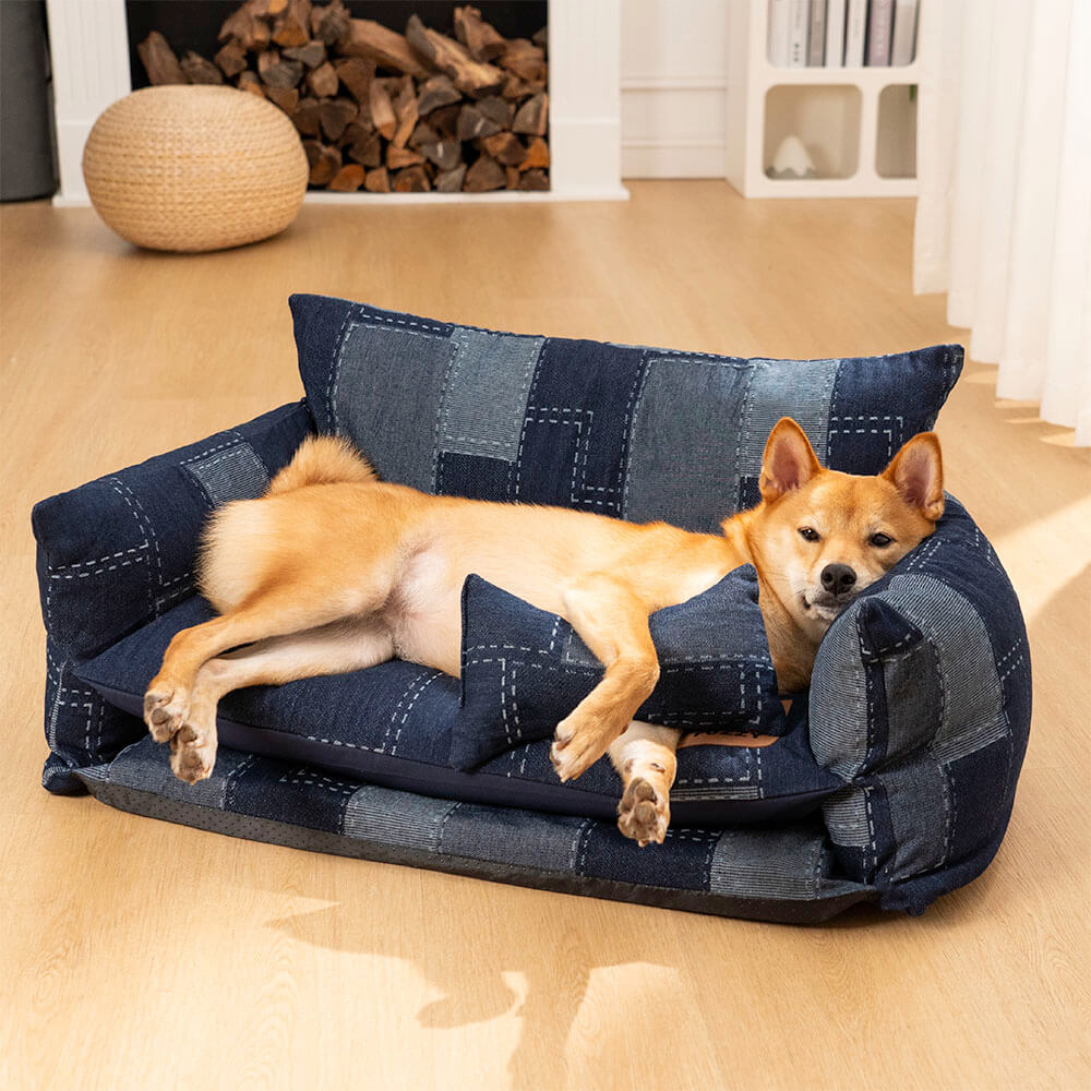 Sofá cama para perros estilo patchwork de mezclilla de doble capa para mascotas