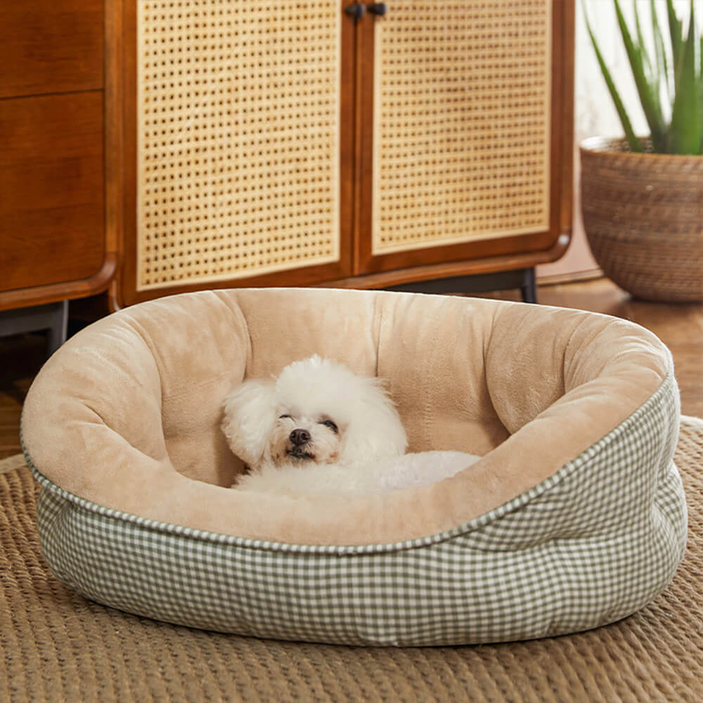 Cama para mascotas a cuadros con envolvente cálido extra elevado Cama calmante para perros