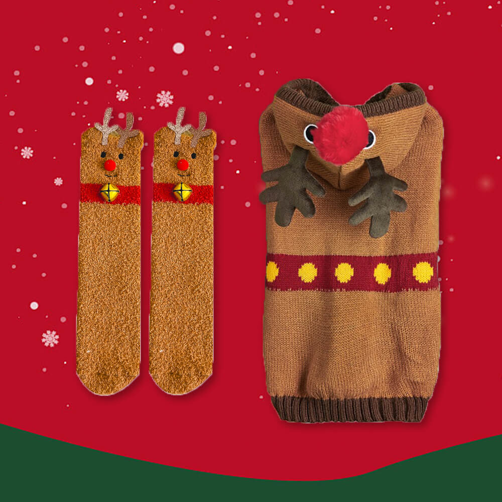 Suéter de cuello alto grueso y cálido para Navidad para perros, calcetines a juego para mascota y dueño