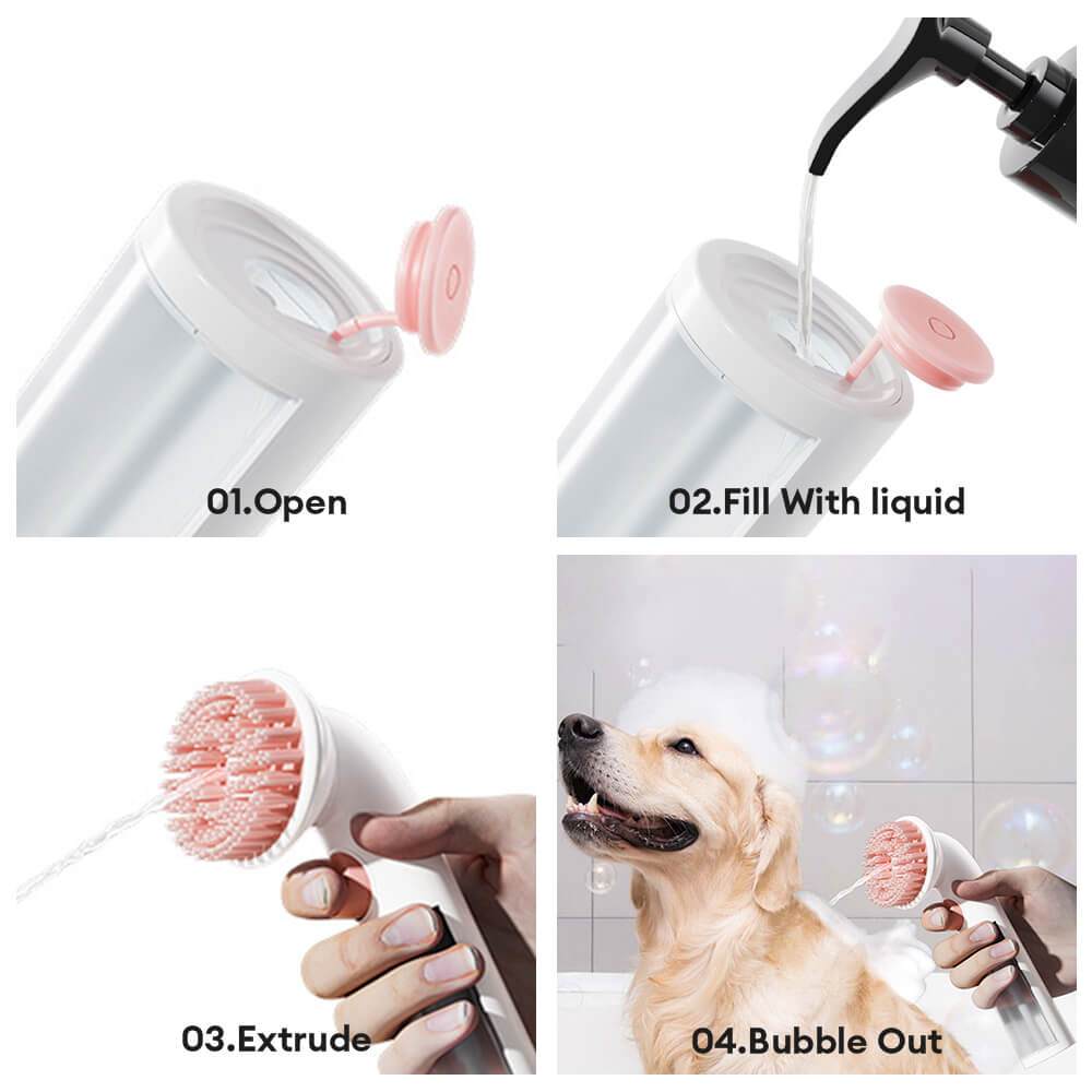 Dispensador de champú 2 en 1 & Cepillo de baño para perros con espuma de masaje