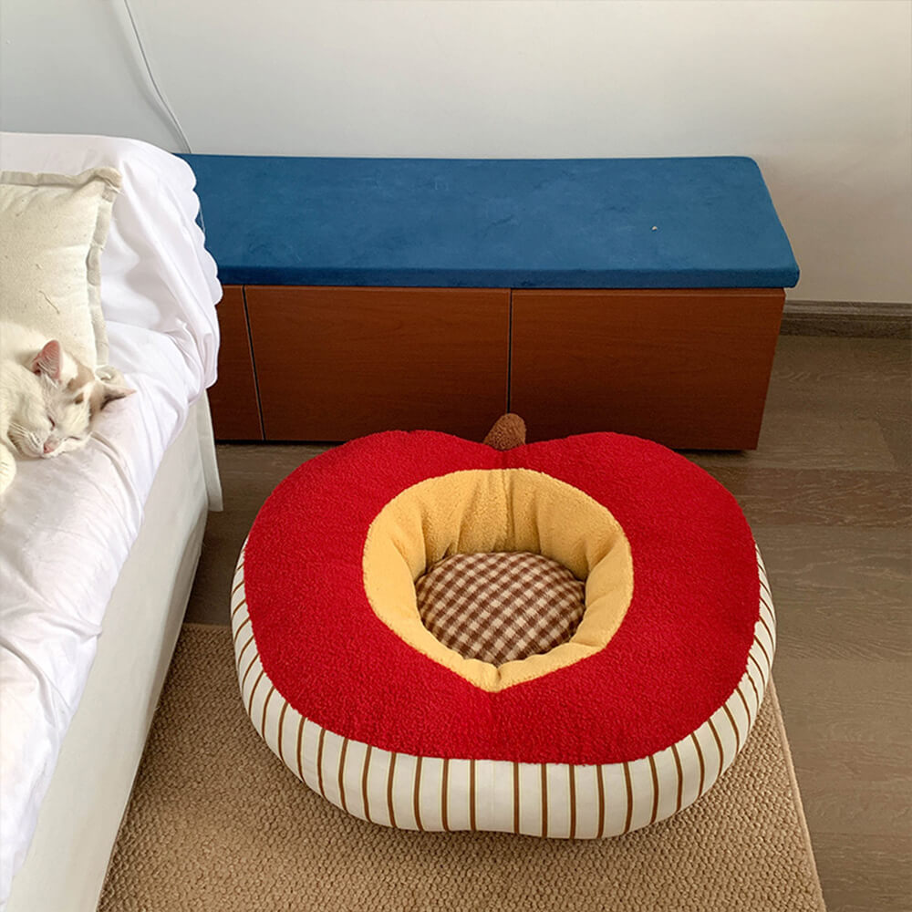 Cama para perros y gatos lavable, suave y acogedora, de felpa en forma de manzana