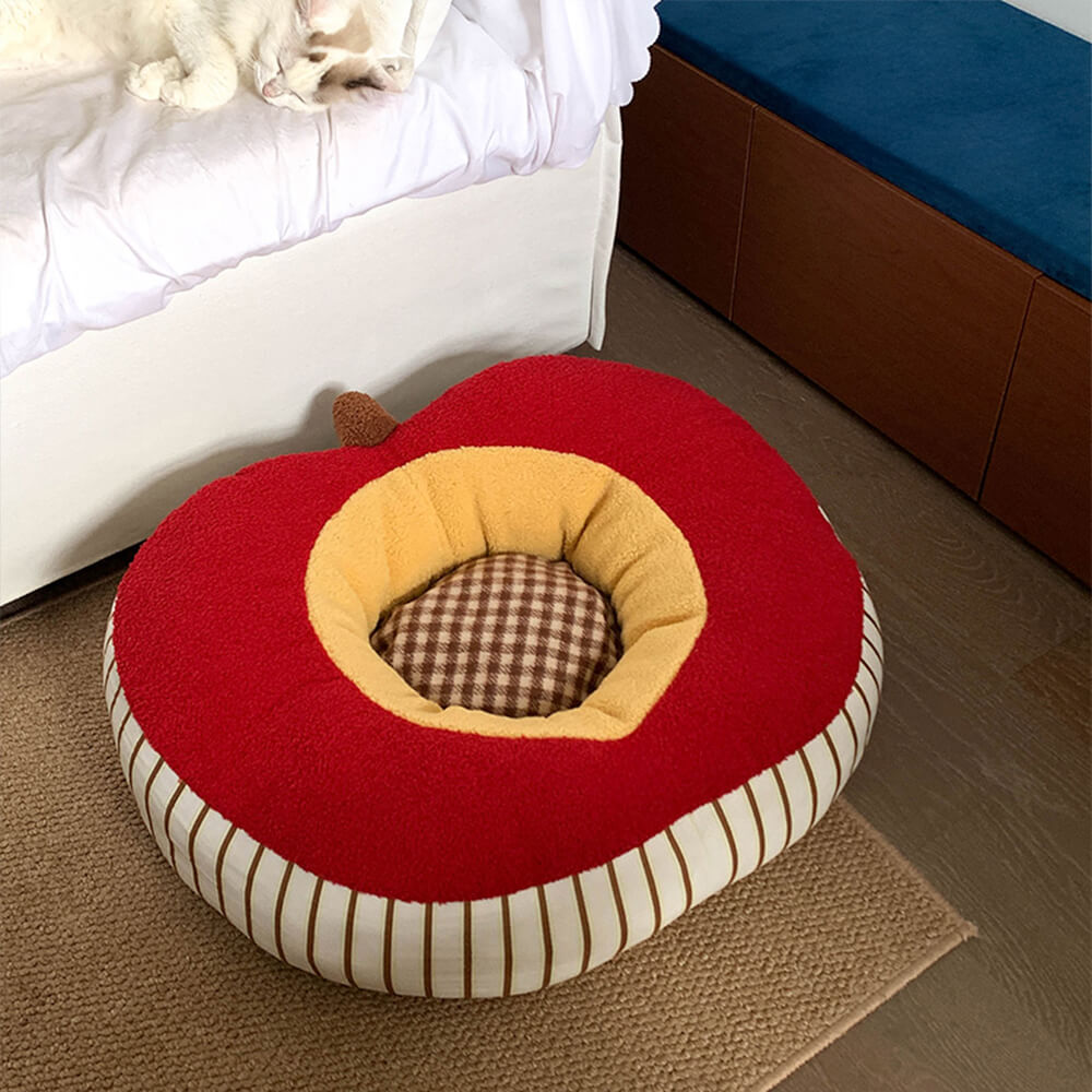 Cama para perros y gatos lavable, suave y acogedora, de felpa en forma de manzana