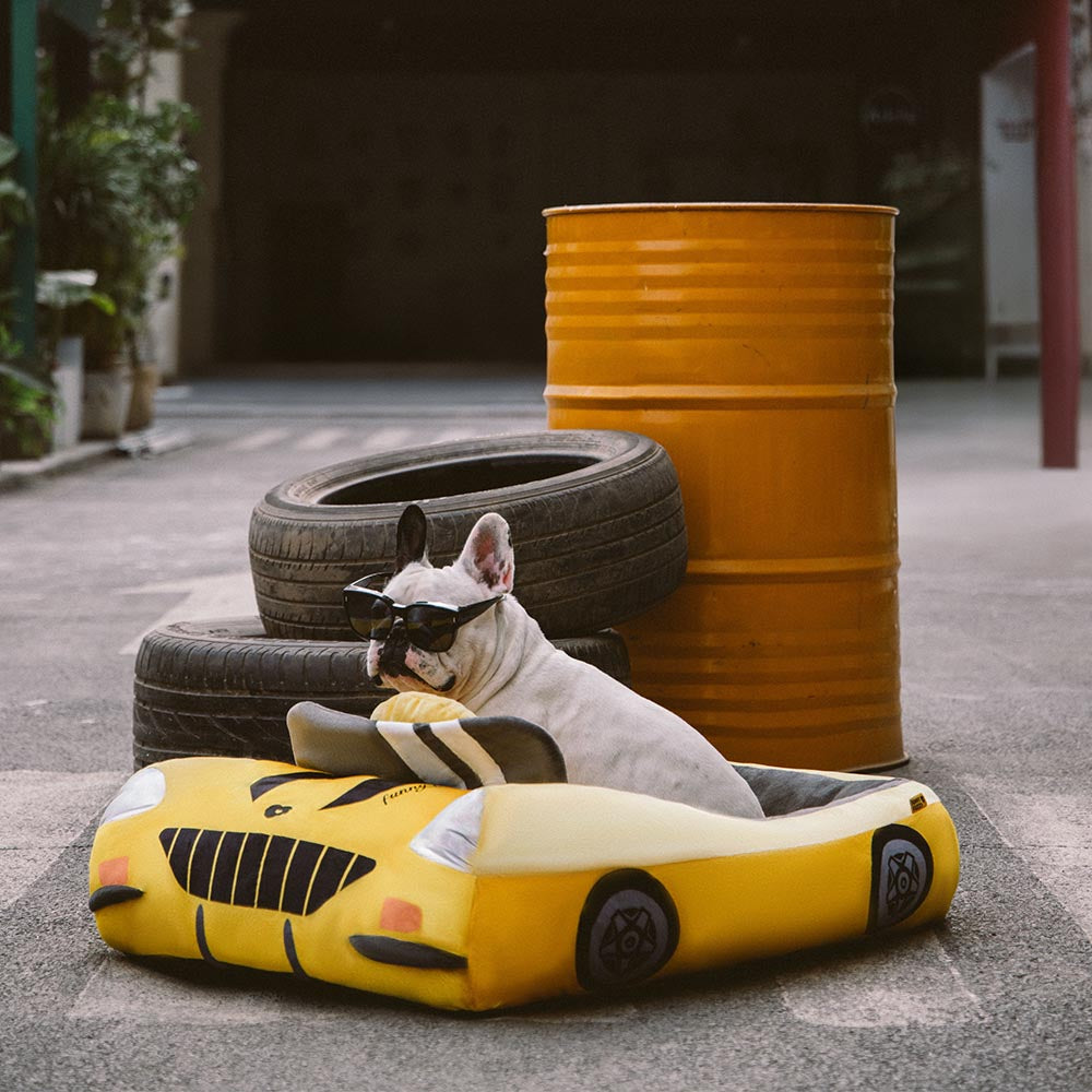 FUNNYFUZZY - Cama para perros con soporte para coche de carreras elegante - Glamour Drive