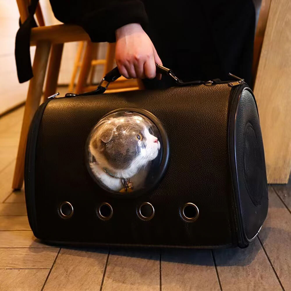 Bolsa transportadora para gatos de cuero clásico, transpirable y con domo transparente