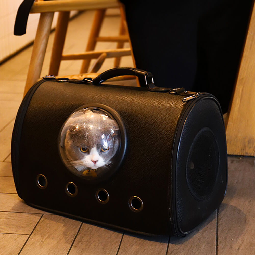 Bolsa transportadora para gatos de cuero clásico, transpirable y con domo transparente