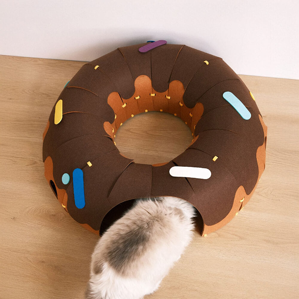 Túnel de juego de fieltro en forma de dona para gatos - Divertido y acogedor túnel para gatos