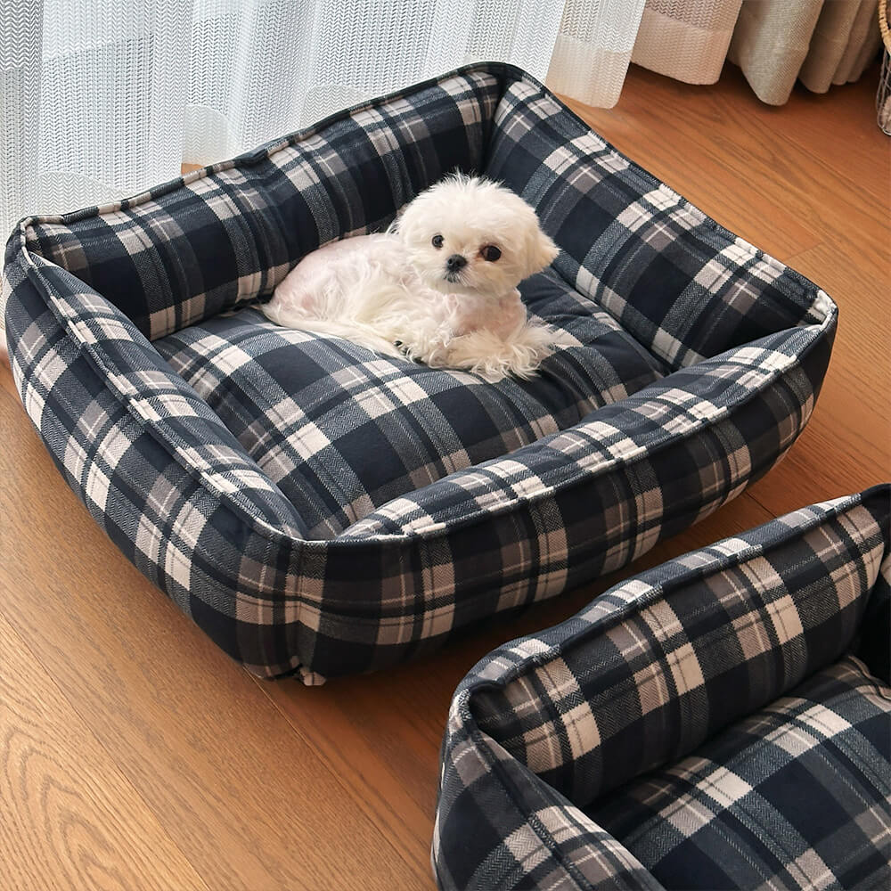 Cama para perros y gatos duradera y cálida con cuadros negros y soporte envolvente completo