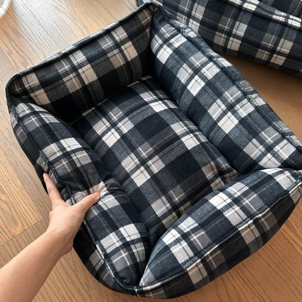 Cama para perros y gatos duradera y cálida con cuadros negros y soporte envolvente completo