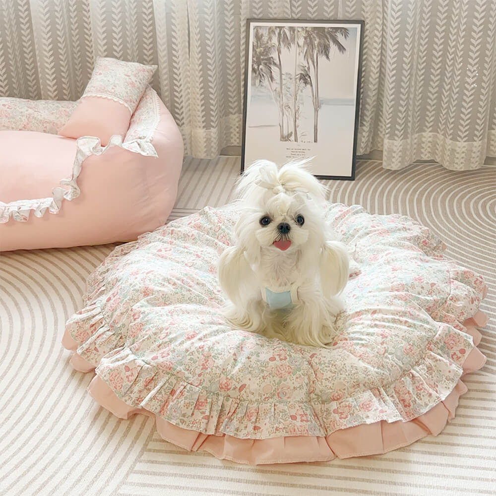 Cama para perros redonda floral con volantes, cómoda, apta para todo clima y lavable