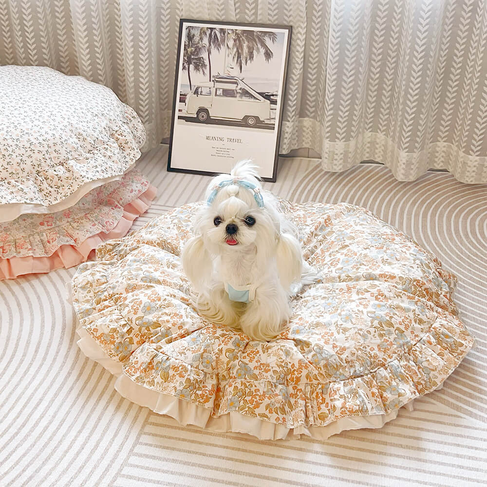 Cama para perros redonda floral con volantes, cómoda, apta para todo clima y lavable