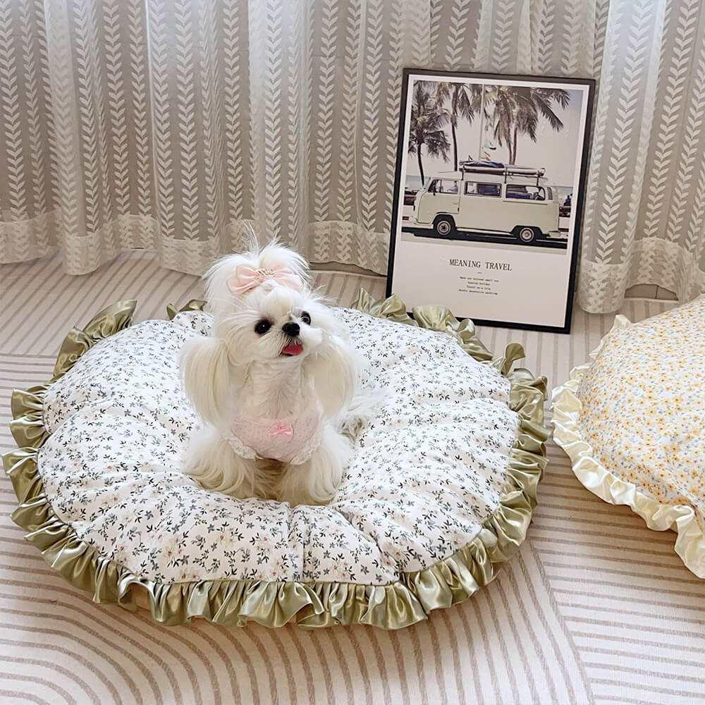 Cama para perros redonda floral con volantes, cómoda, apta para todo clima y lavable