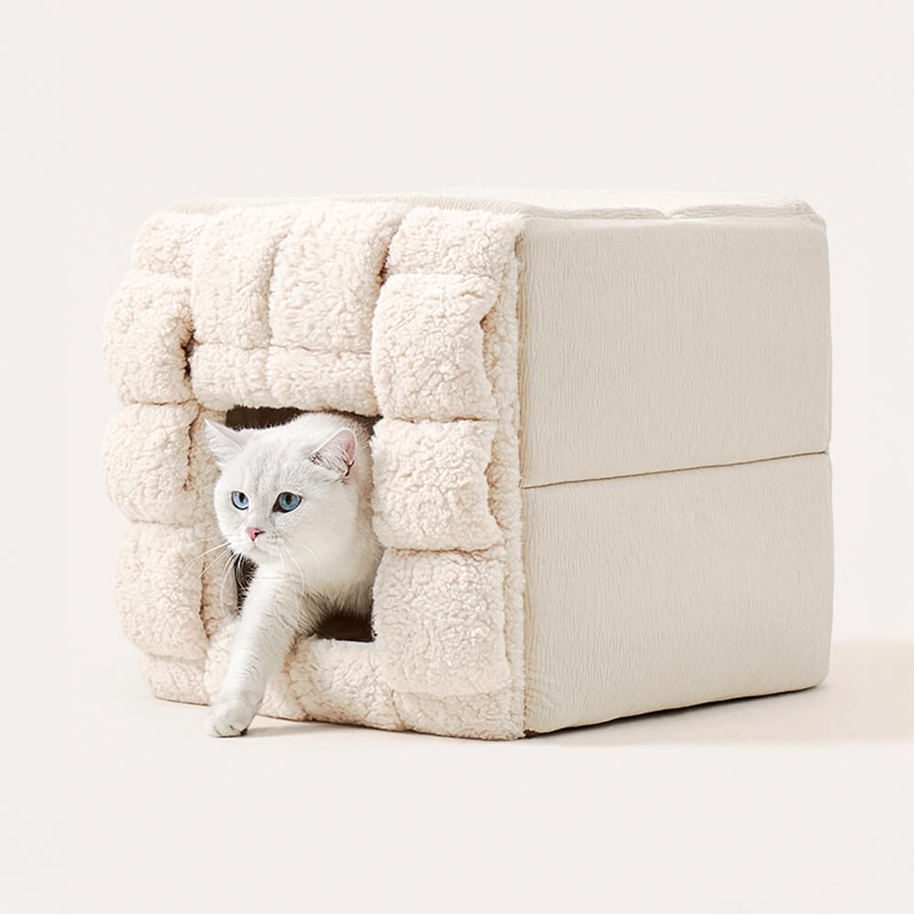 Cama convertible cuadrada y acogedora para gatos con diseño tejido a mano