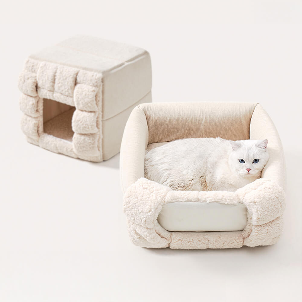 Cama convertible cuadrada y acogedora para gatos con diseño tejido a mano