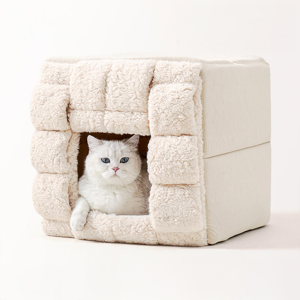 Cama convertible cuadrada y acogedora para gatos con diseño tejido a mano