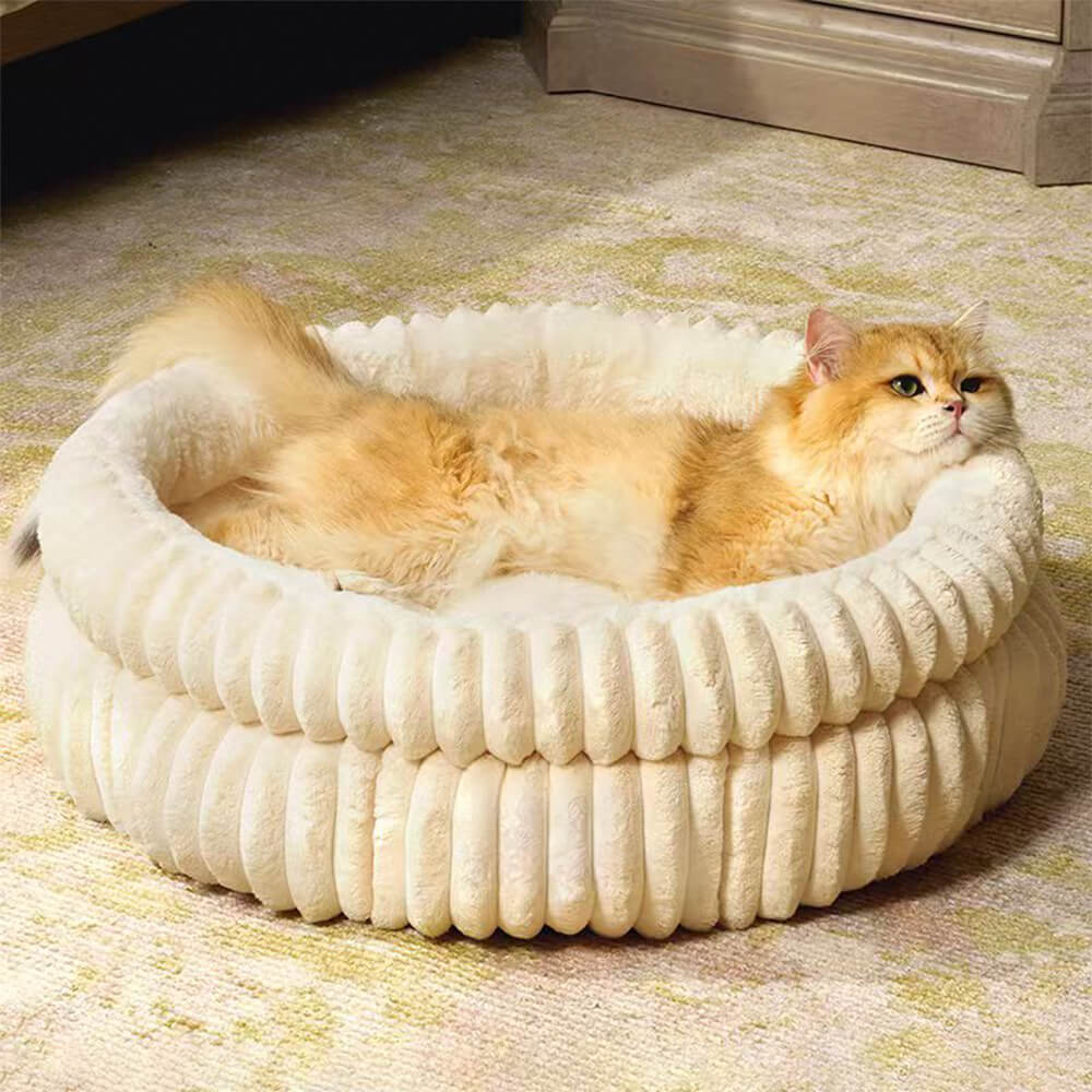 Cama para perros y gatos de piel sintética de conejo, redonda y cálida, estilo minimalista