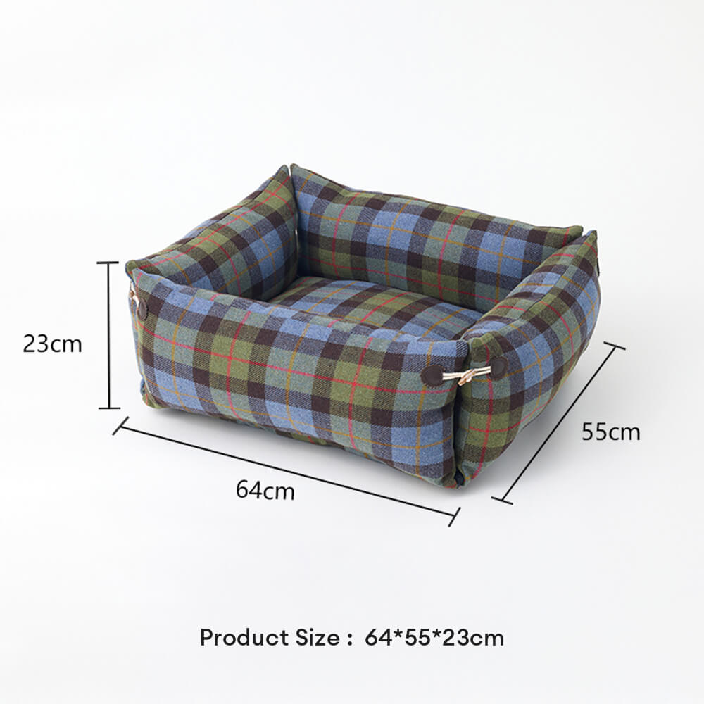 Cama para perros y gatos reversible suave y expandible a cuadros con botón de cuerno