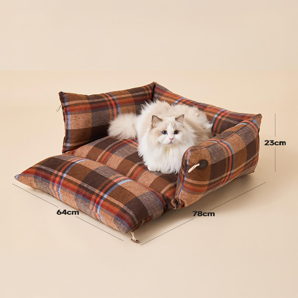 Cama para perros y gatos reversible suave y expandible a cuadros con botón de cuerno