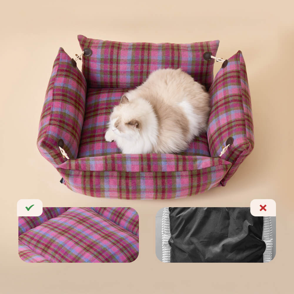 Cama para perros y gatos reversible suave y expandible a cuadros con botón de cuerno