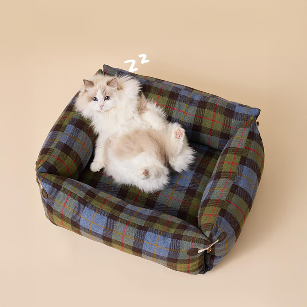 Cama para perros y gatos reversible suave y expandible a cuadros con botón de cuerno