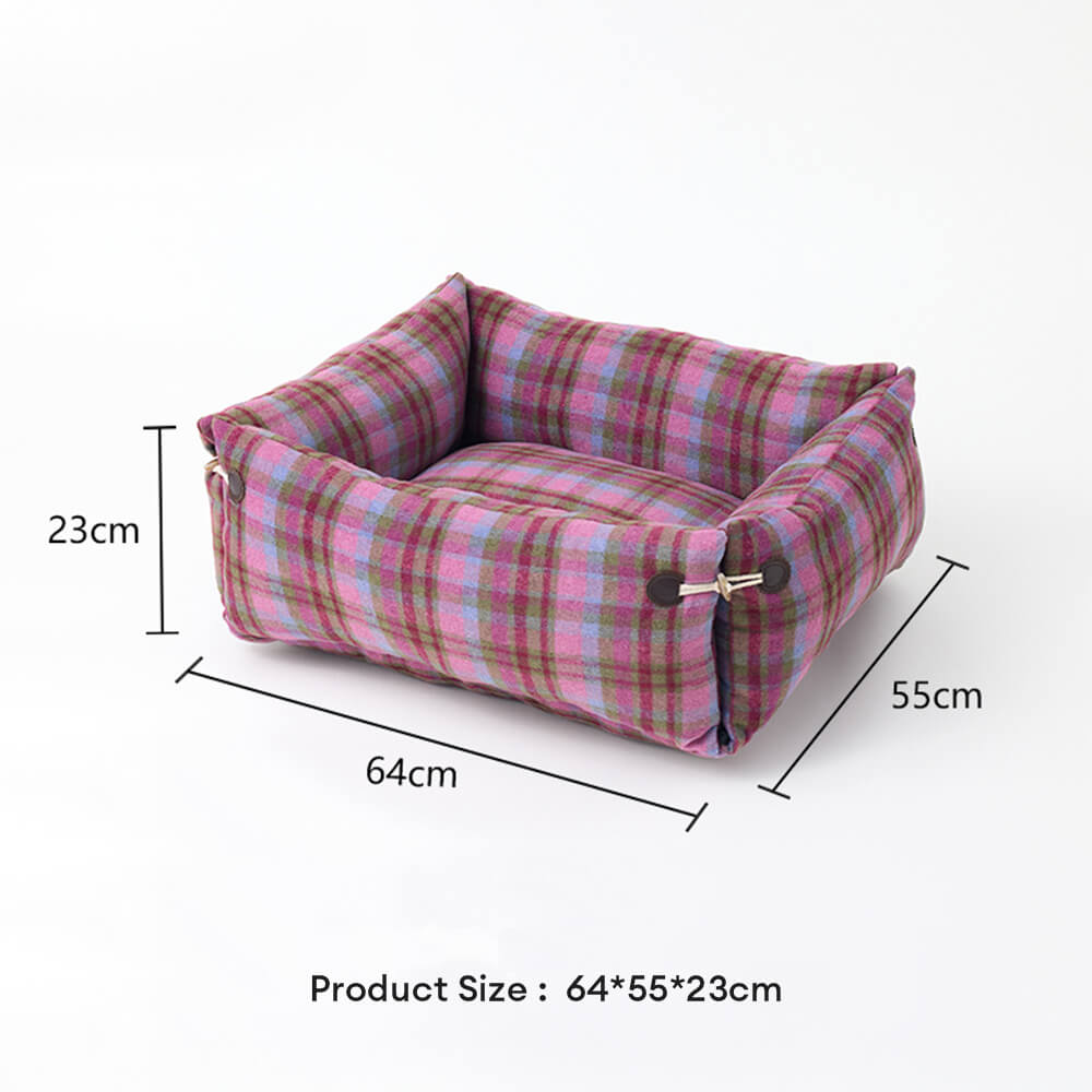 Cama para perros y gatos reversible suave y expandible a cuadros con botón de cuerno