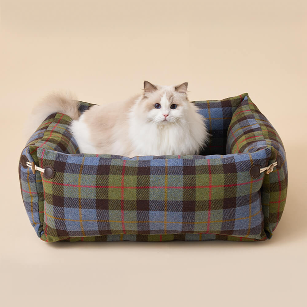 Cama para perros y gatos reversible suave y expandible a cuadros con botón de cuerno