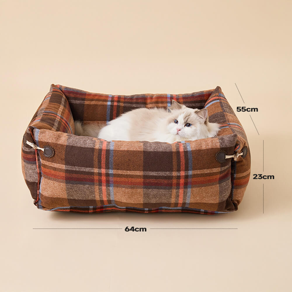 Cama para perros y gatos reversible suave y expandible a cuadros con botón de cuerno