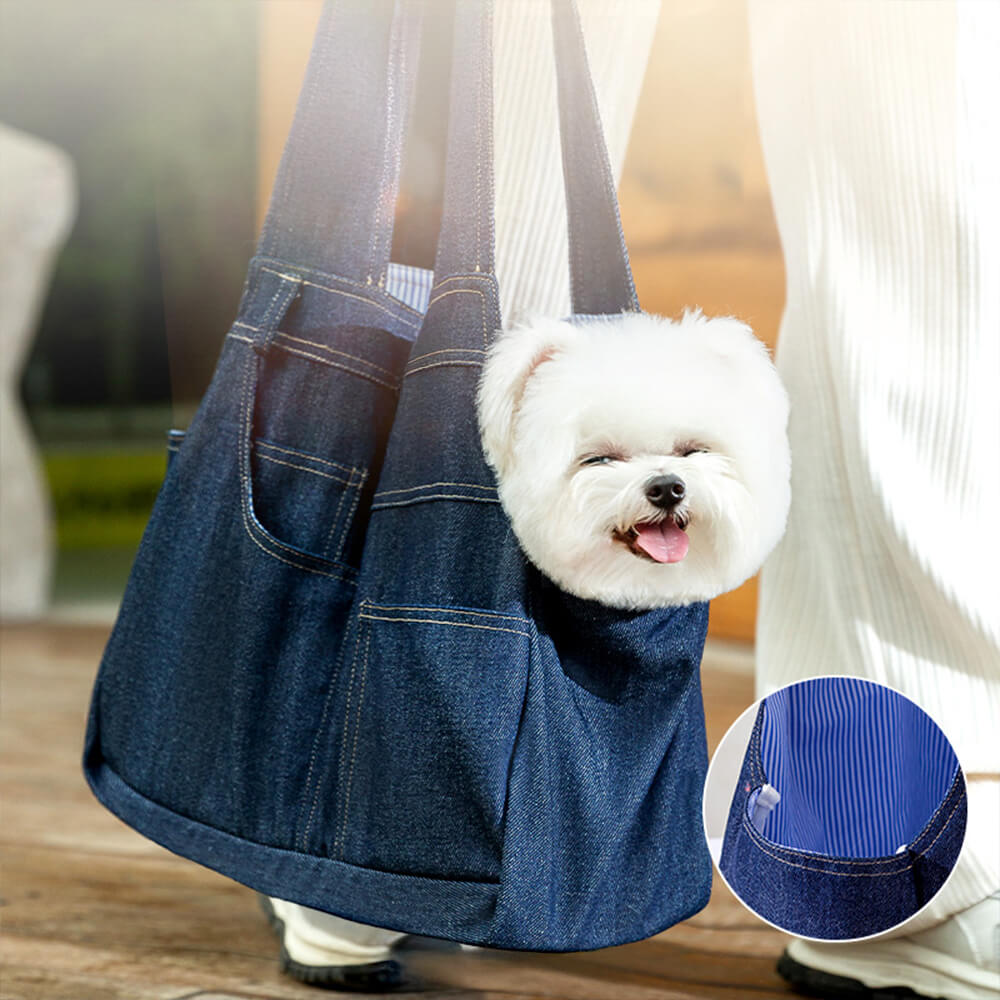 Bolsa de transporte de seguridad para perros y gatos con bolsillos duraderos y espaciosos de mezclilla