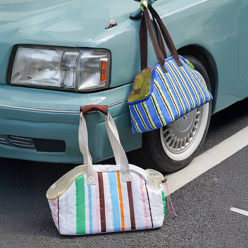 Bolso de transporte para mascotas portátil y estiloso, con rayas, compartido para gatos y dueños