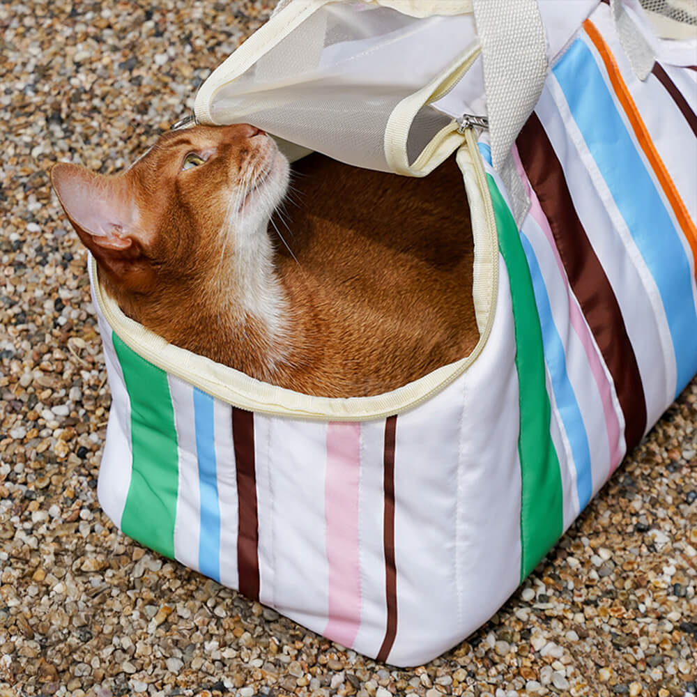 Bolso de transporte para mascotas portátil y estiloso, con rayas, compartido para gatos y dueños