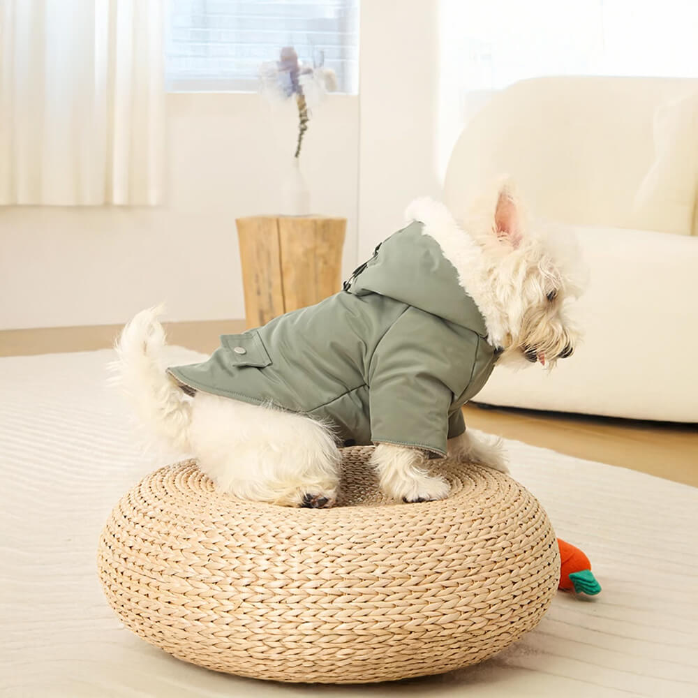 Abrigo para perros con capucha, resistente al viento y con forro de piel sintética ultracálido