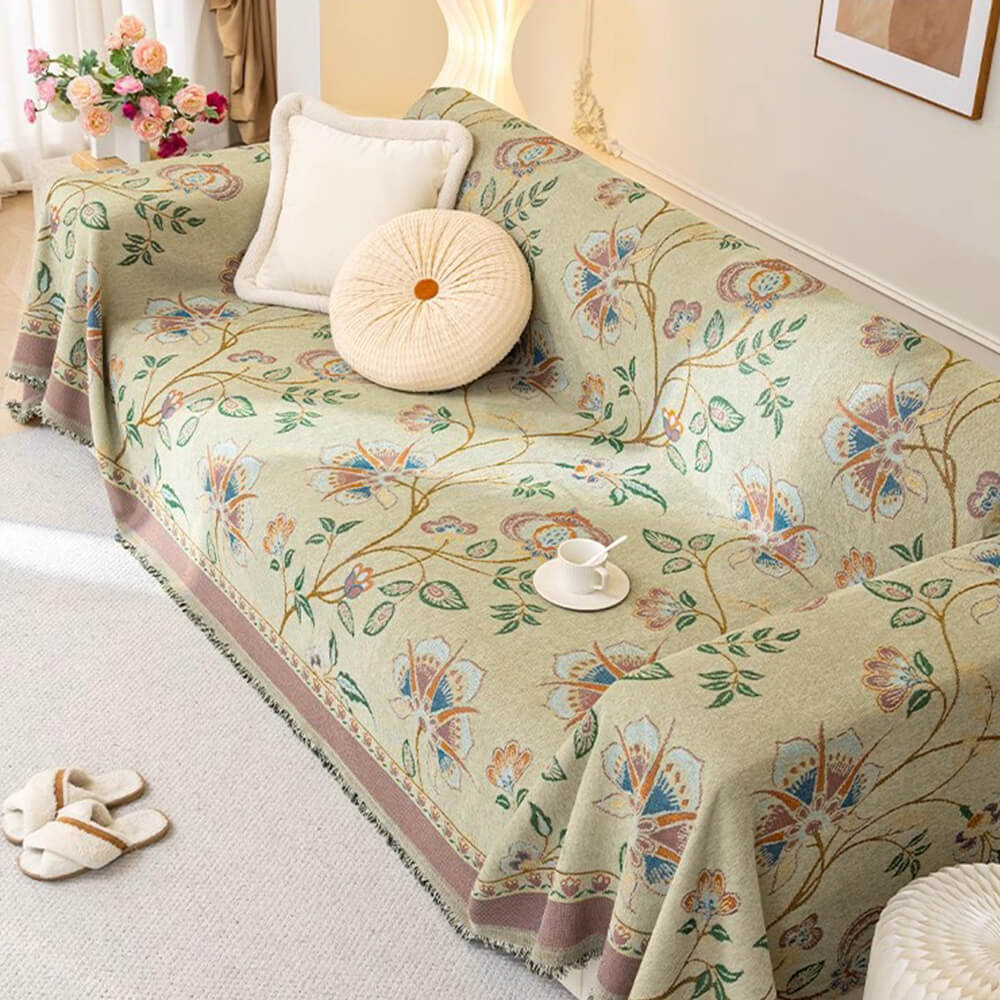 Funda de sofá de jacquard de chenilla floral botánico vintage
