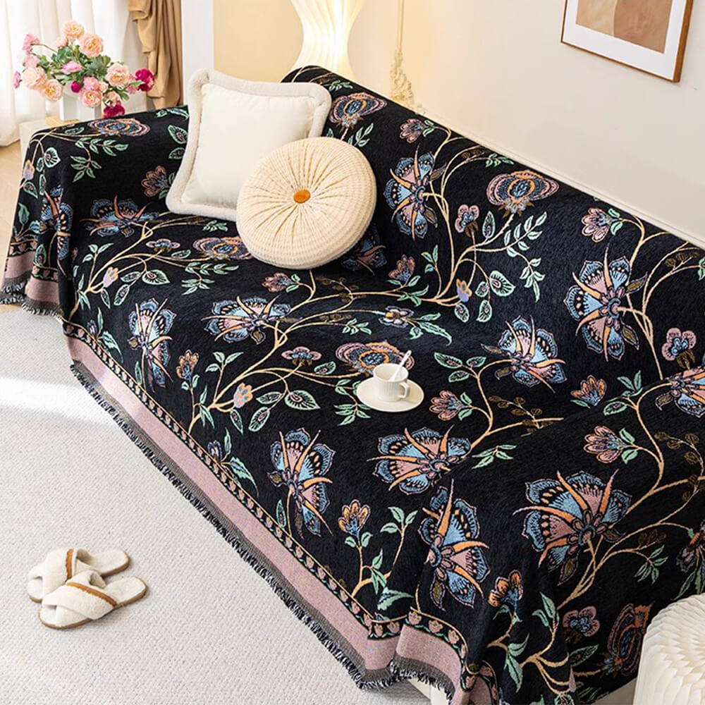 Funda de sofá de jacquard de chenilla floral botánico vintage