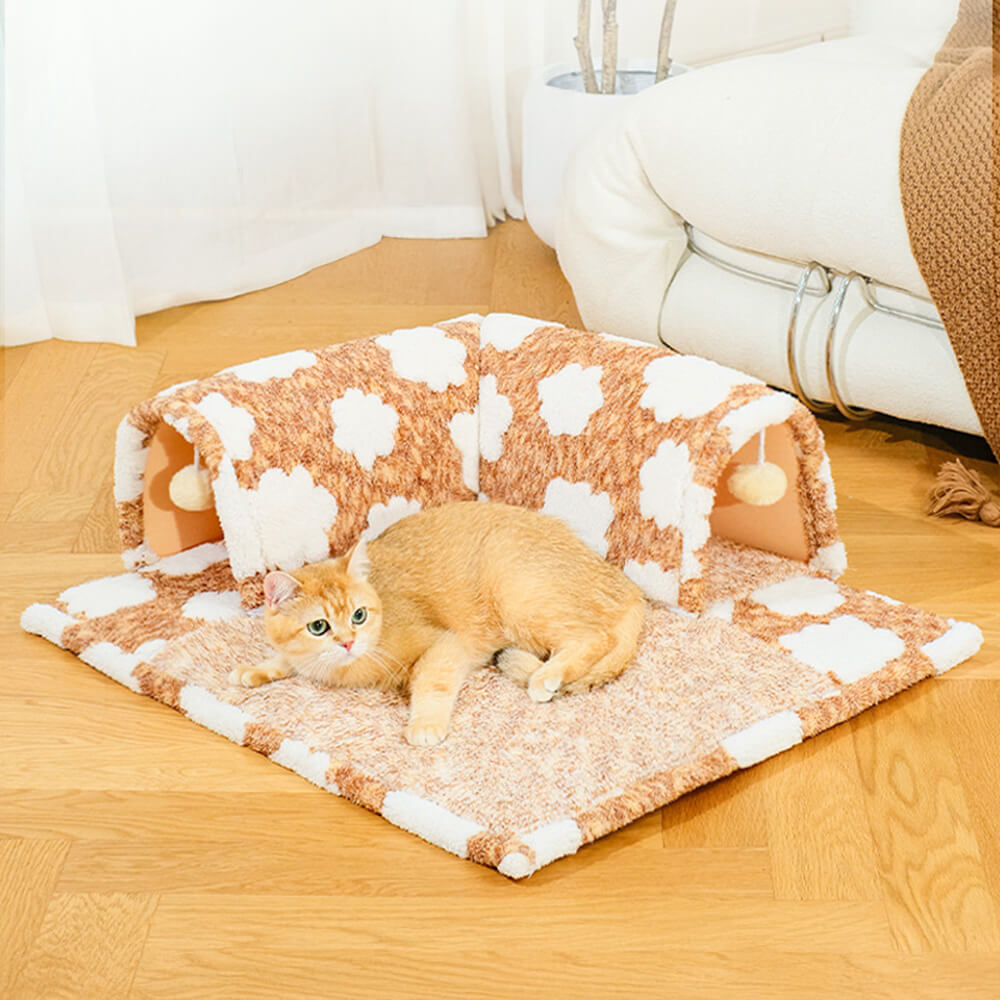 Cama tipo túnel para gatos con diseño de nubes y felpa espaciosa