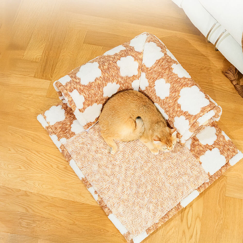 Cama tipo túnel para gatos con diseño de nubes y felpa espaciosa