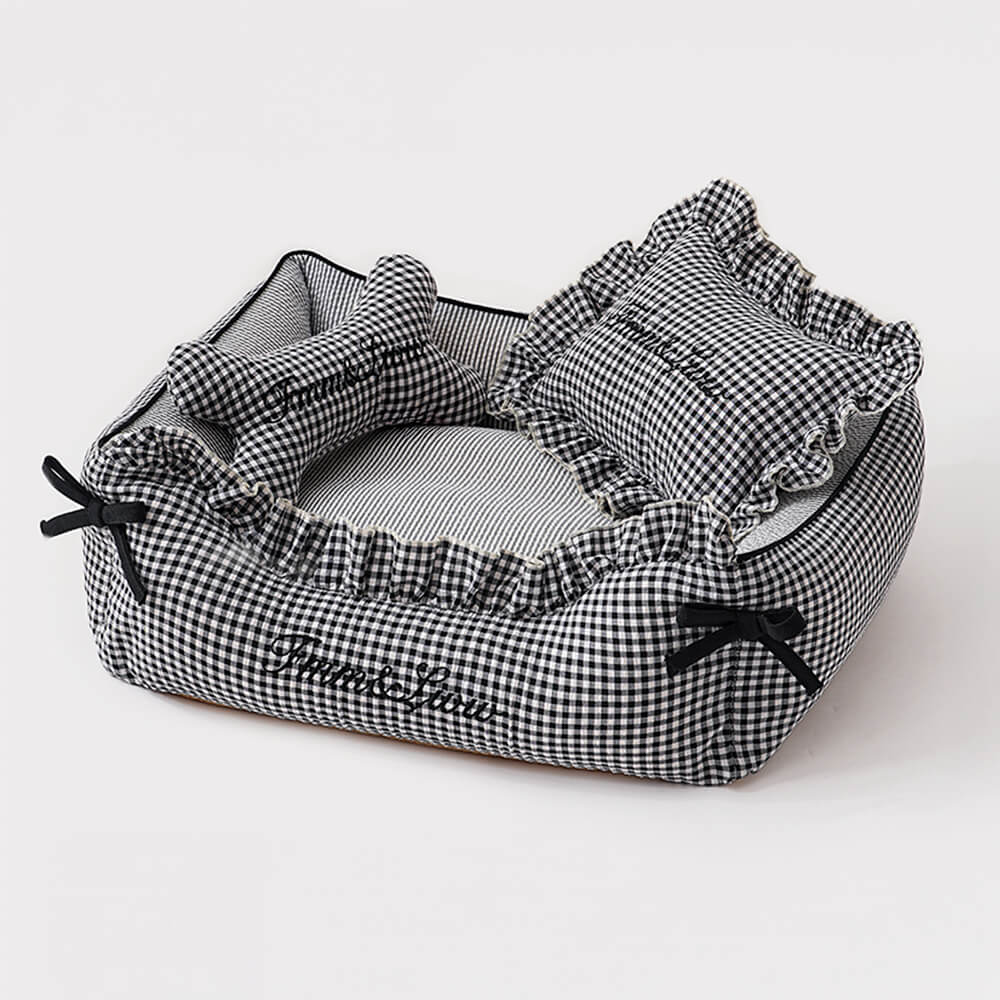 Cama para perros y gatos de tartán suave, lavable, con almohadas