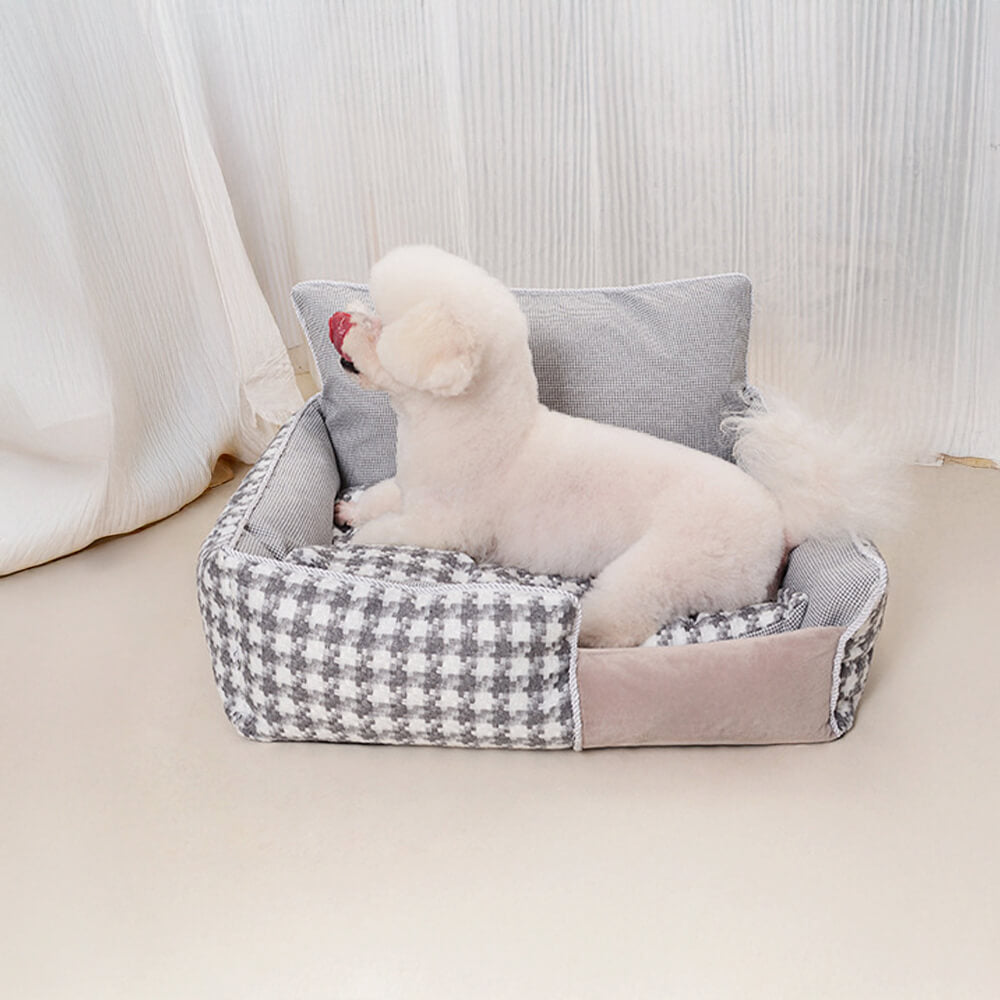 Cama Sofá de Algodón-Lino de Houndstooth de Lujo para Perros y Gatos, Confort en Todas las Temporadas