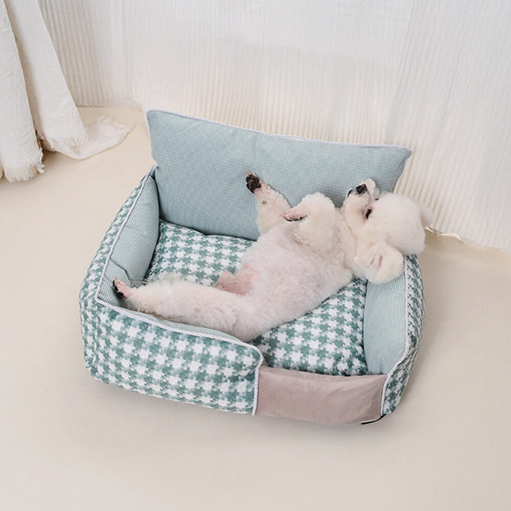 Cama Sofá de Algodón-Lino de Houndstooth de Lujo para Perros y Gatos, Confort en Todas las Temporadas