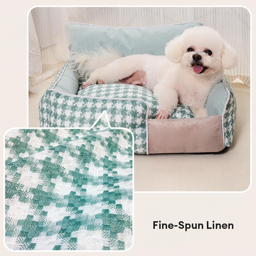 Cama Sofá de Algodón-Lino de Houndstooth de Lujo para Perros y Gatos, Confort en Todas las Temporadas