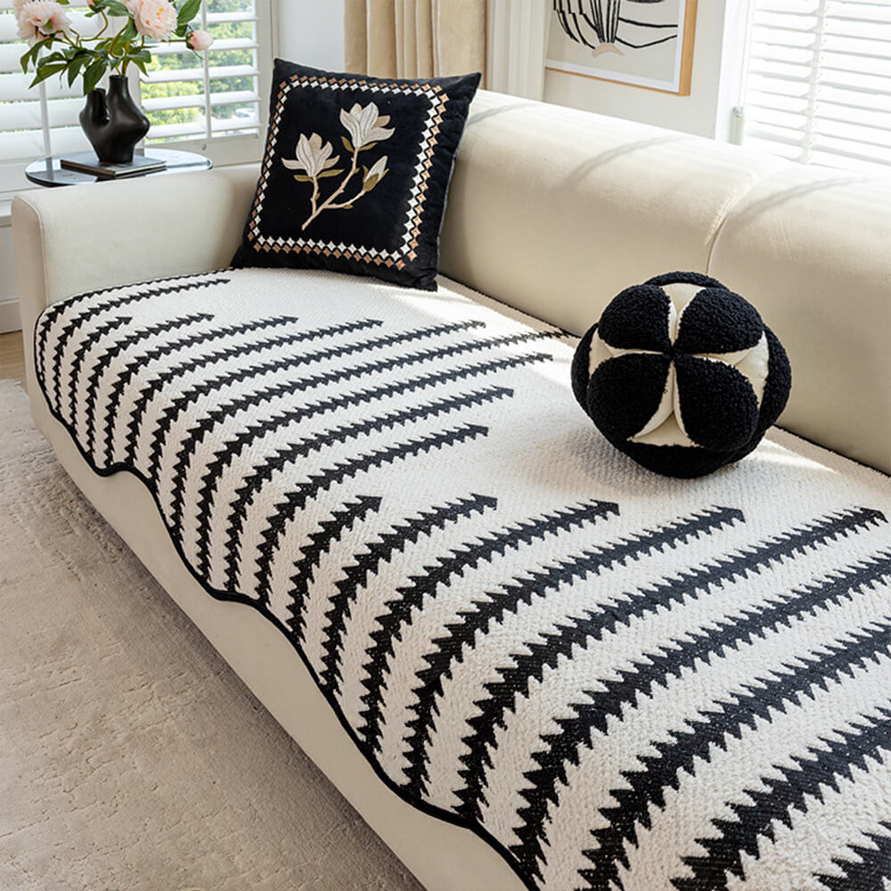 Funda de sofá de chenille con flecos en zigzag y rayas modernas tipo chevron