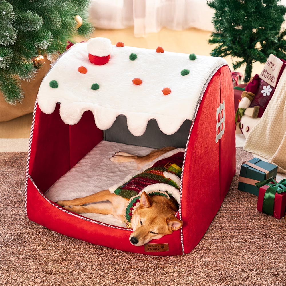 Cama ortopédica para perros Festive Snow House: calidez navideña