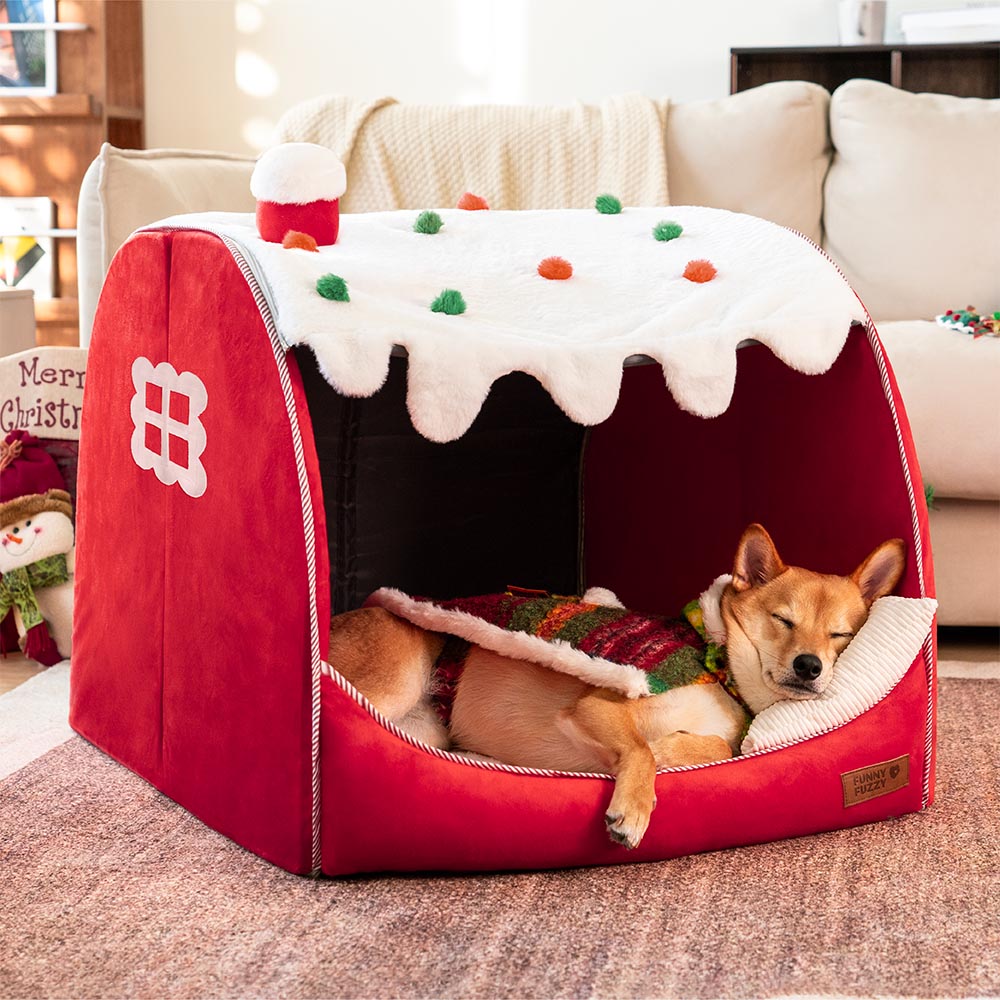 Cama ortopédica para perros Festive Snow House: calidez navideña