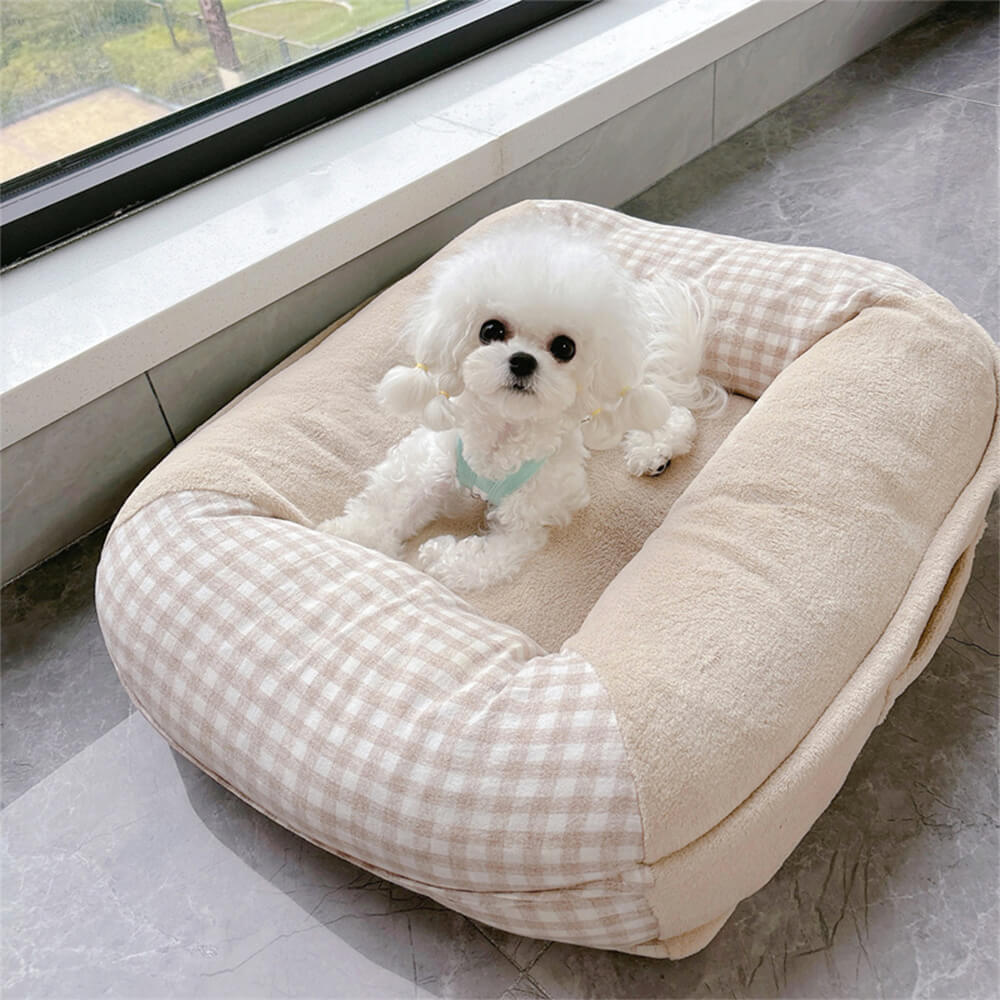 Cama para perros y gatos con soporte envolvente completo, impermeable y de vellón coral de lona