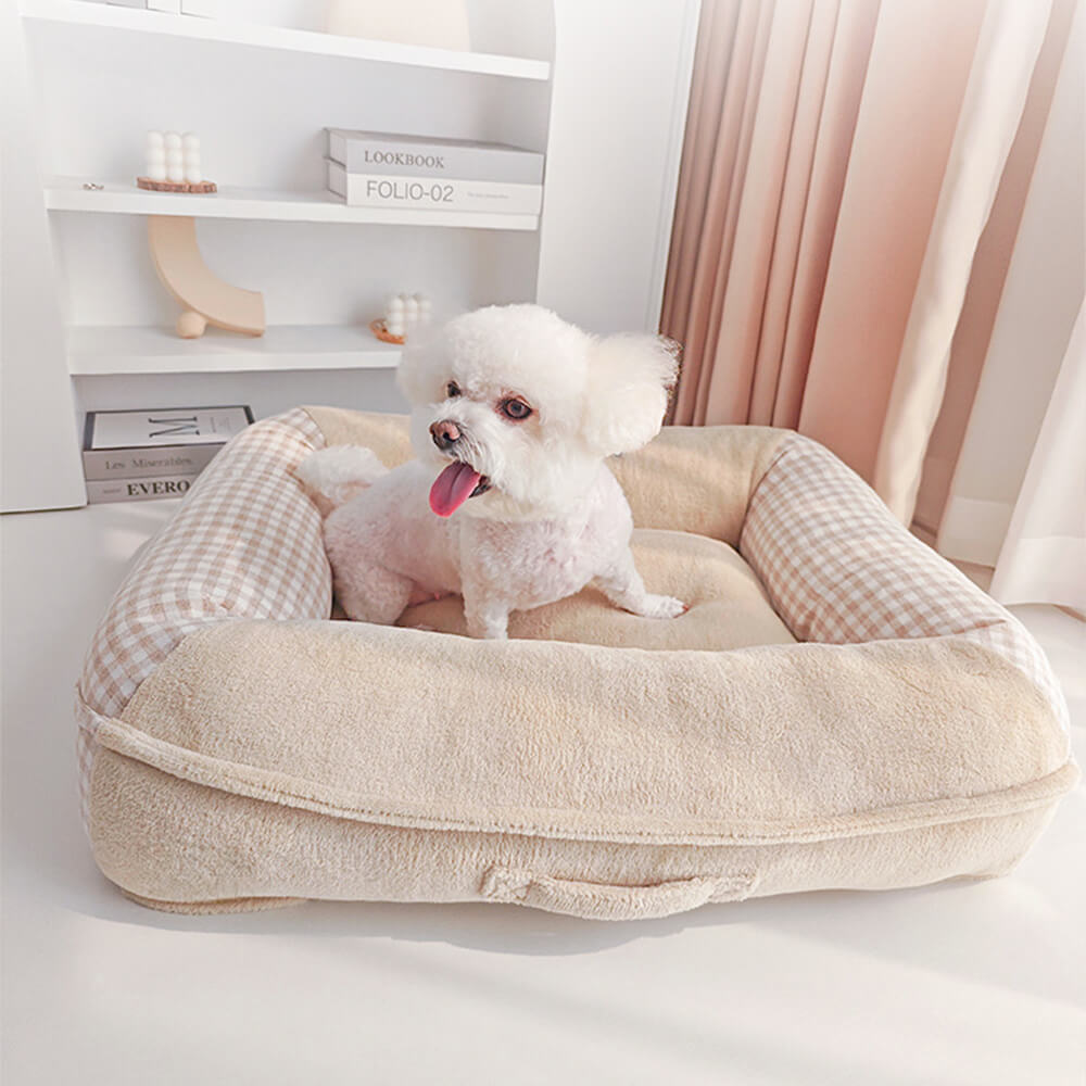 Cama para perros y gatos con soporte envolvente completo, impermeable y de vellón coral de lona