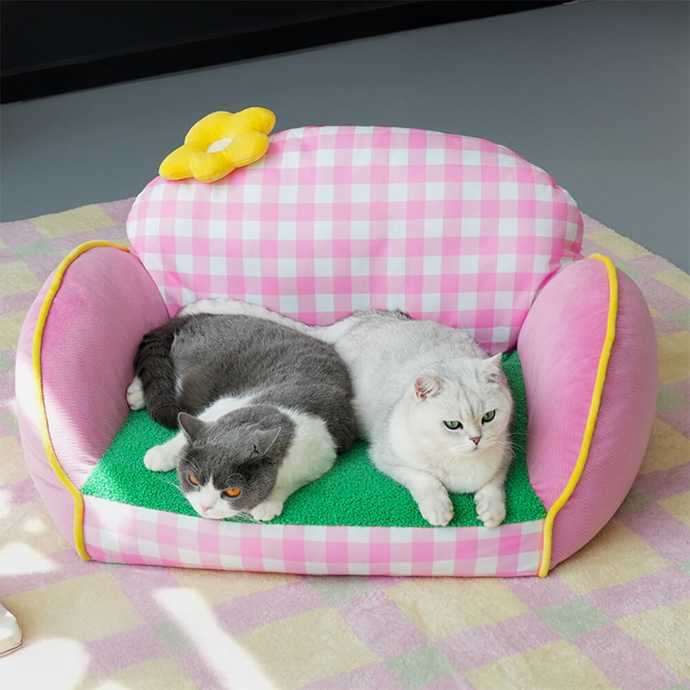 Cama Sofá Lavable para Perros y Gatos con Diseño de Cuadrícula Rosa Encantadora