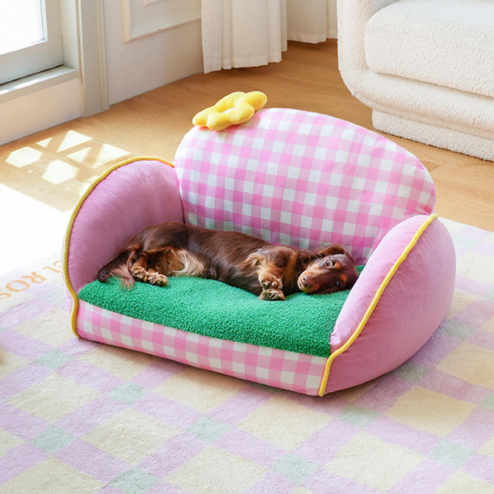 Cama Sofá Lavable para Perros y Gatos con Diseño de Cuadrícula Rosa Encantadora
