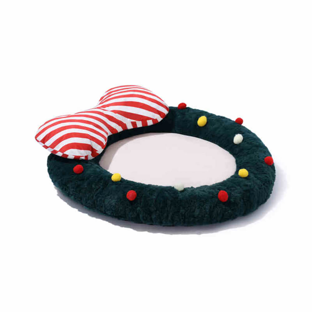 Almohada de apoyo decorativa acogedora con corona de lazo navideño para perros y gatos