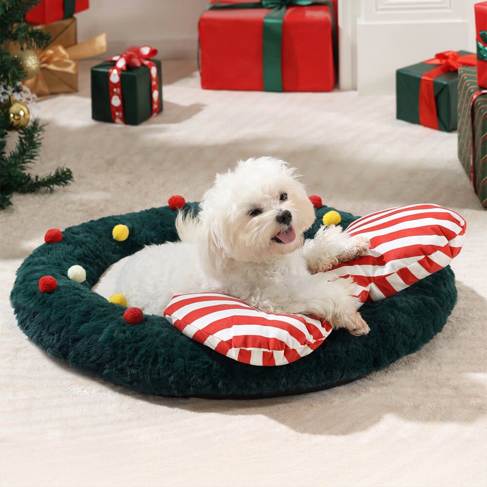 Almohada de apoyo decorativa acogedora con corona de lazo navideño para perros y gatos