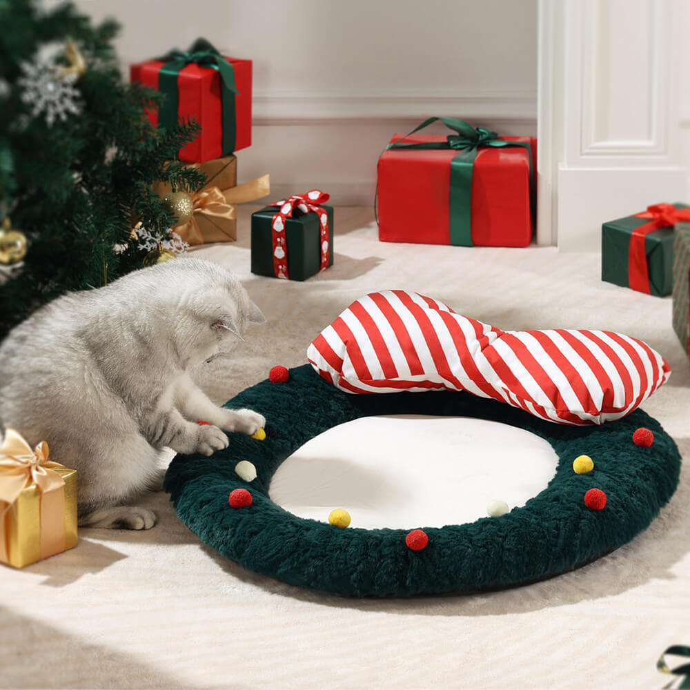 Almohada de apoyo decorativa acogedora con corona de lazo navideño para perros y gatos