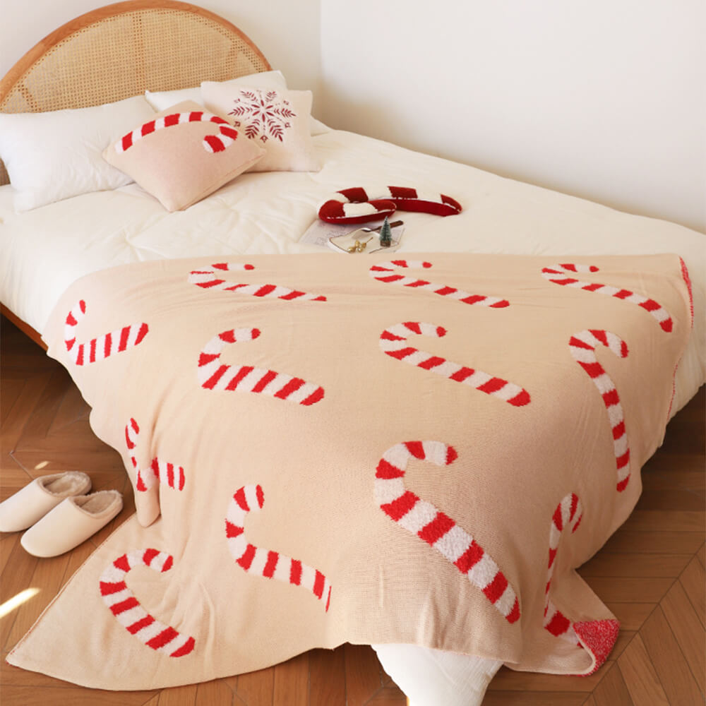 Manta de punto acogedora con forma de bastón de caramelo navideño y almohada