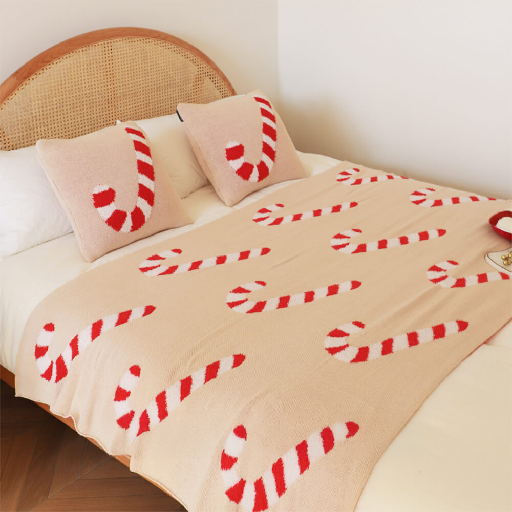 Manta de punto acogedora con forma de bastón de caramelo navideño y almohada